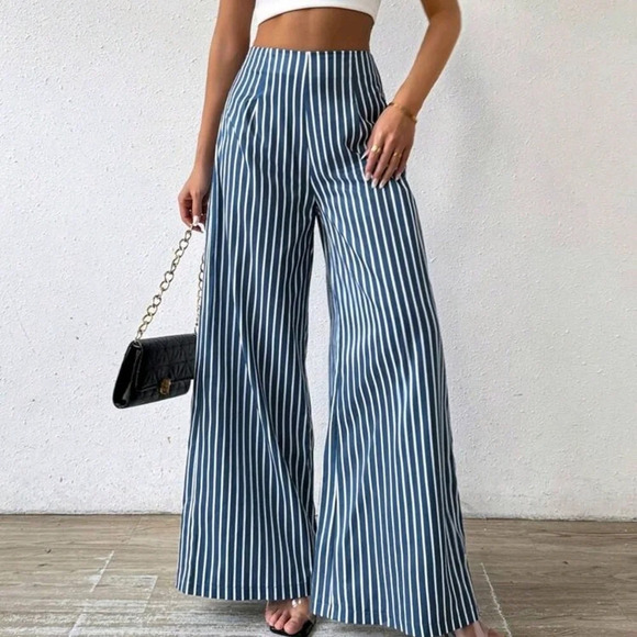 Pants - Stripes Print Wide Leg Pants